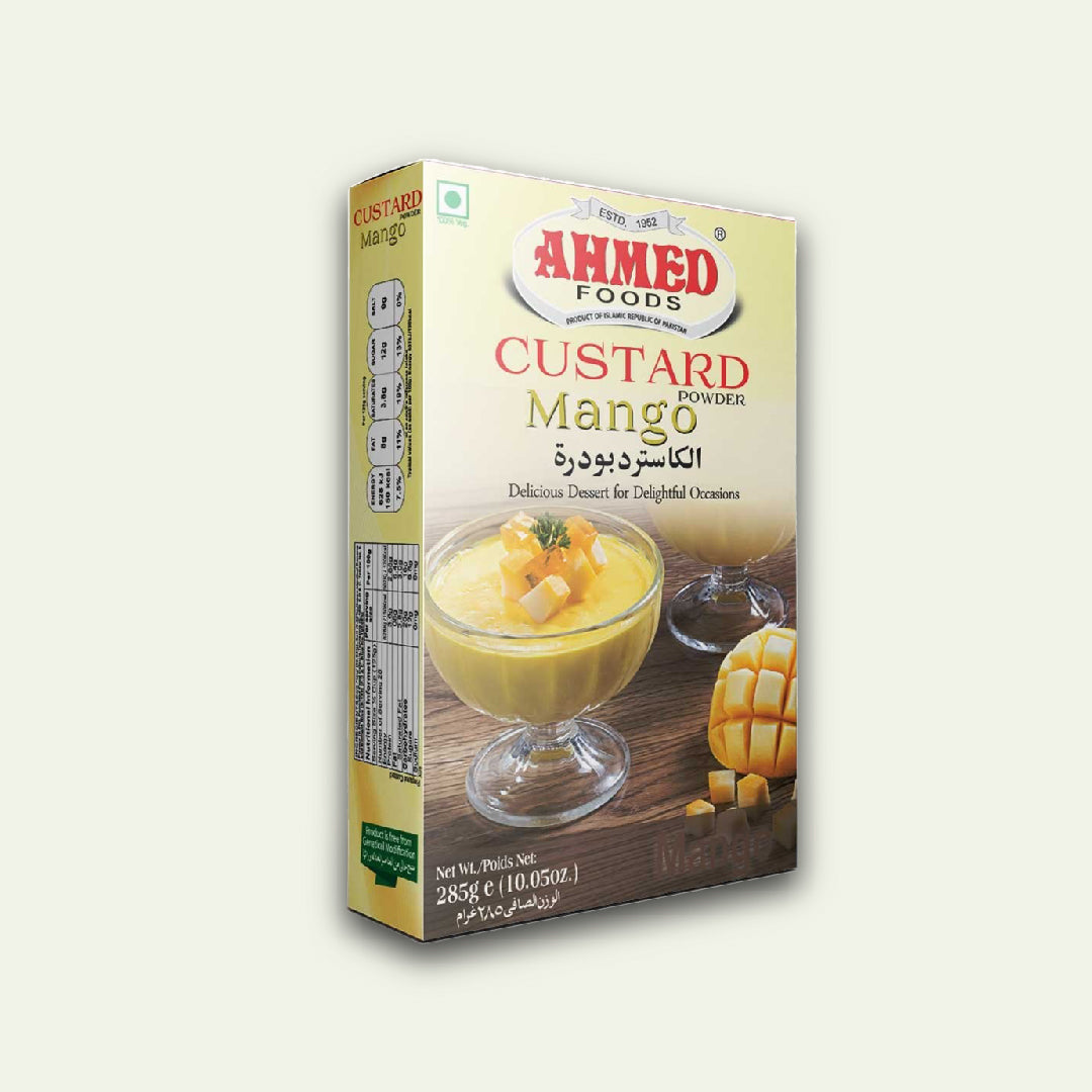 Box of Ahmed Foods Custard Mango powder on a white background