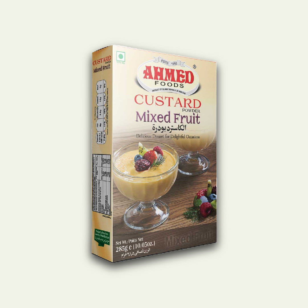 Box of Ahmed Foods Custard Mixed Fruit on a white background