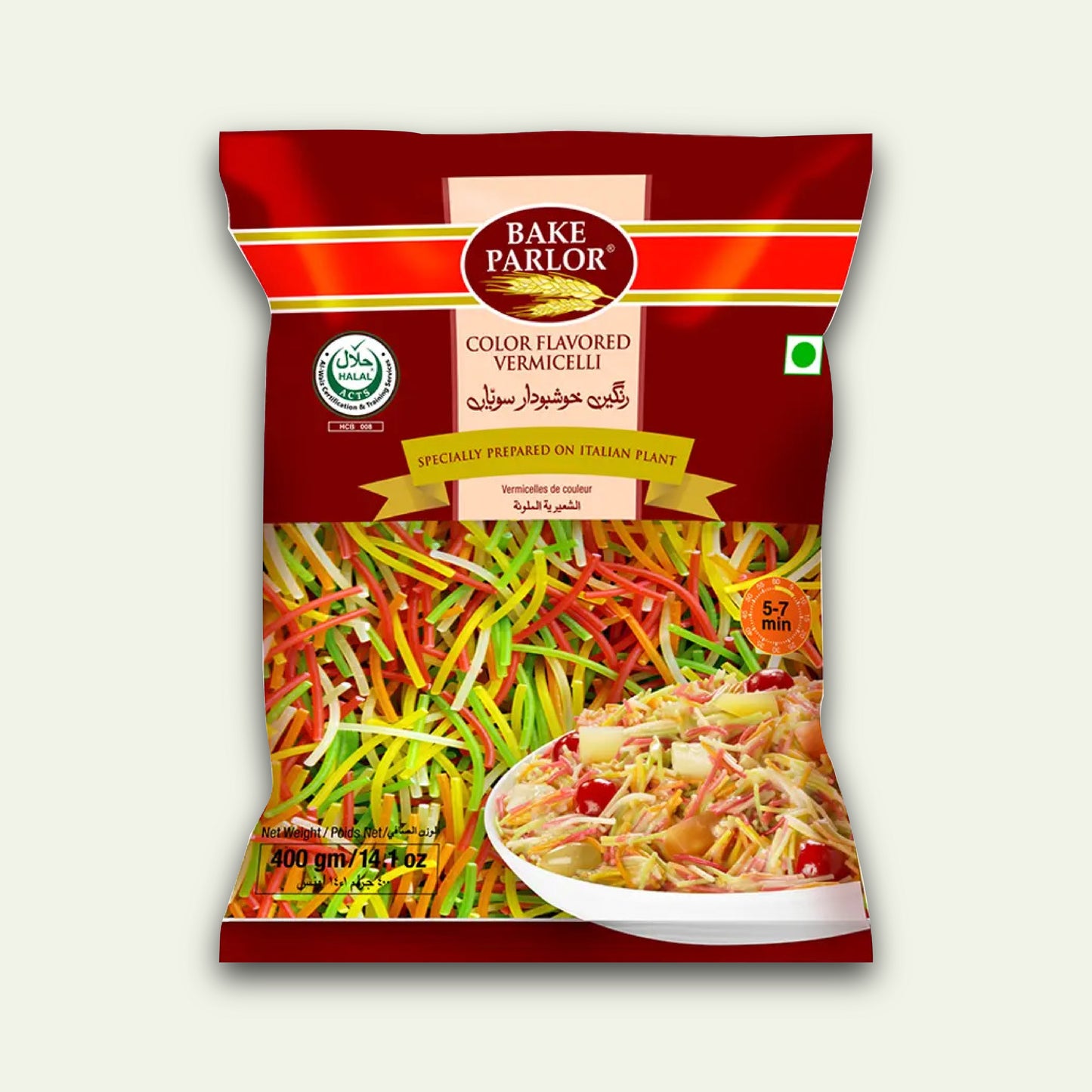Packaging of Bake Parlor Colored Vermicelli showing the product and a prepared dish.