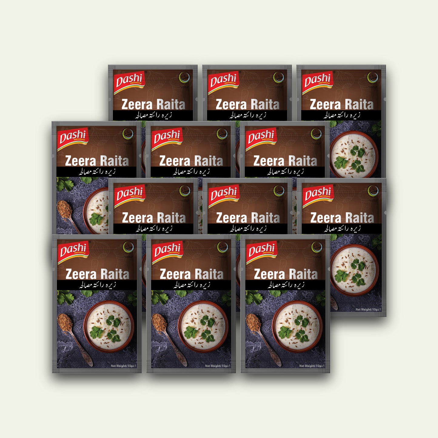 A collection of Dashi Zeera Raita packaging, with an image of the product on the front, and the Dashi logo and Zeera Raita branding visible.