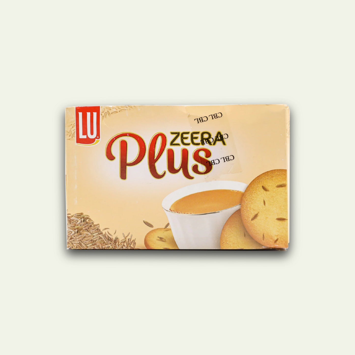 Packaging of LU Zeera Plus Snack Pack featuring 8 pieces of biscuits with a cup of tea and cumin seeds illustration.