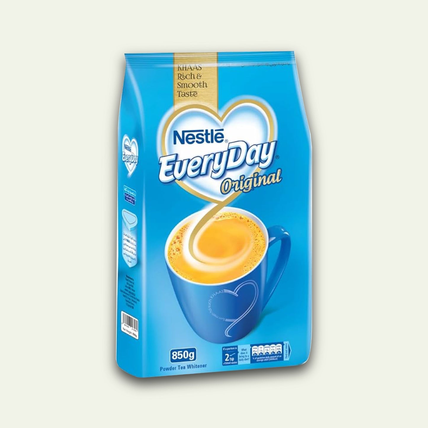 Packaging of Nestle Everyday Powder Tea Whitener, showing a blue cup with tea on the front and the weight of 850g mentioned.