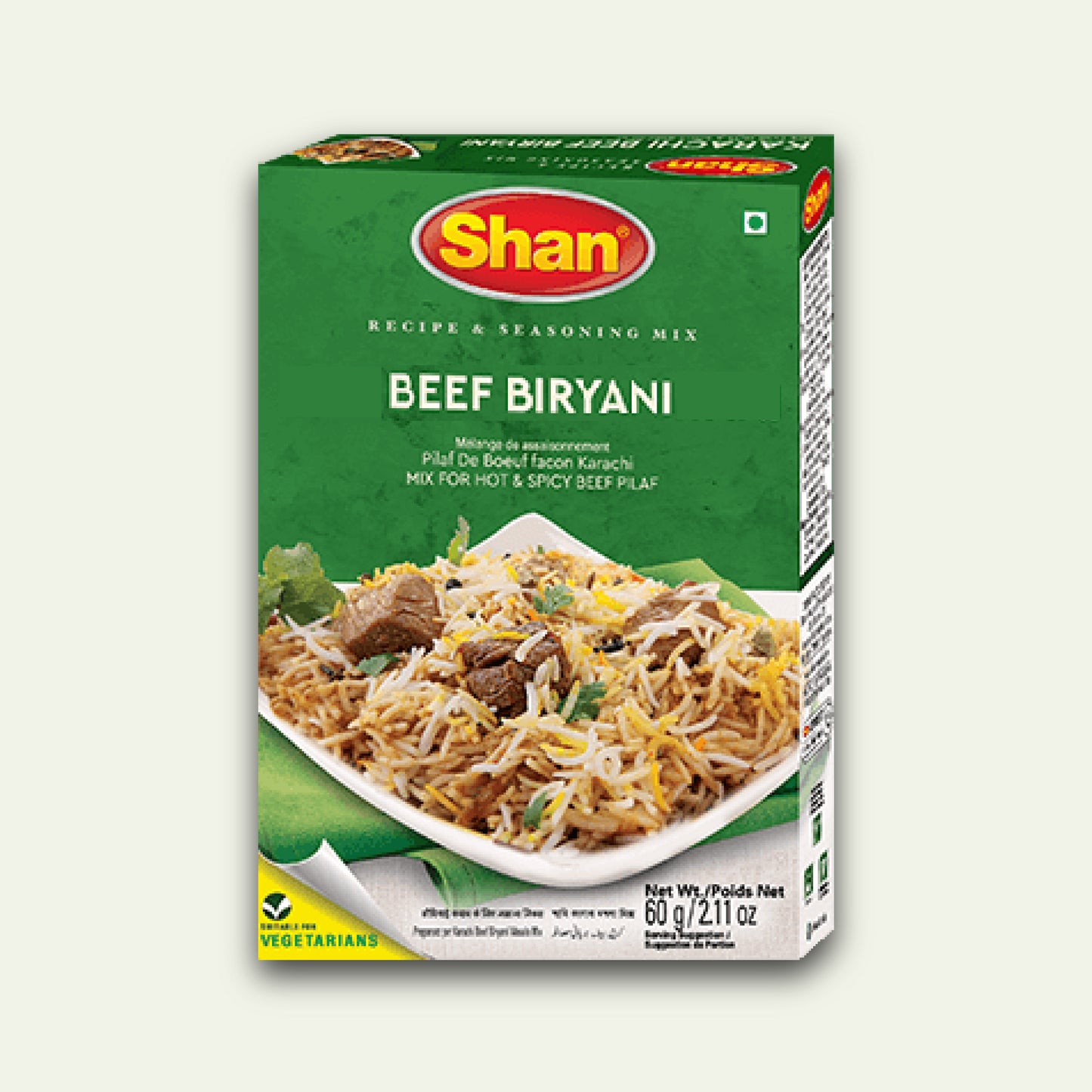 Packaging of Shan Beef Biryani Masala, showing the product name and an image of the biryani dish on the front.
