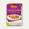 Packaging of Shan Chicken Jalfrezi Masala, showing the product name and an image of a dish containing chicken and vegetables in a tomato sauce.