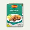 Packaging of Shan Fried Fish Masala, showing the product name, brand logo, and an image of fried fish with a side of lemon.