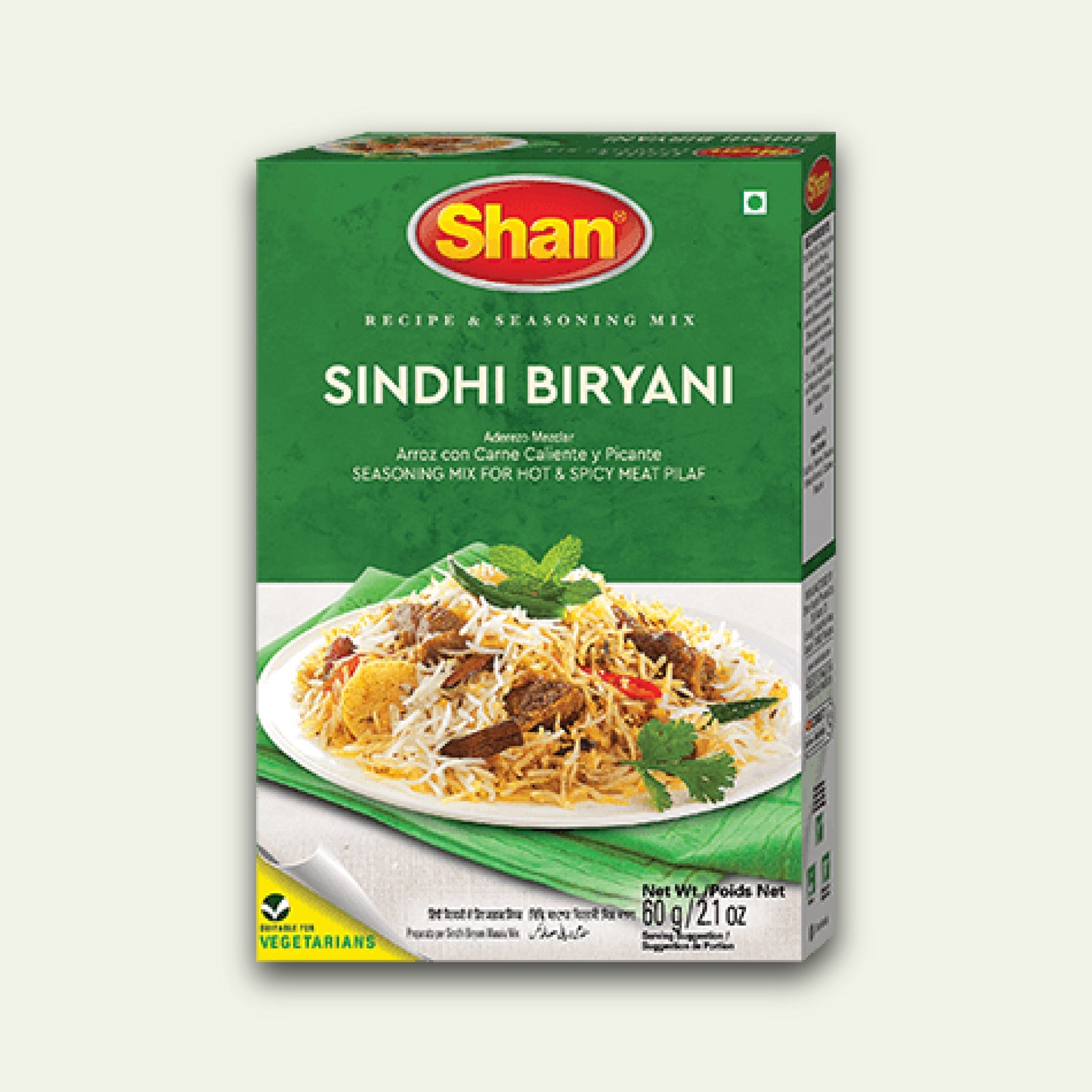 Packaging of Shan Sindhi Biryani Masala, featuring the brand logo, product name, and an image of prepared biryani.