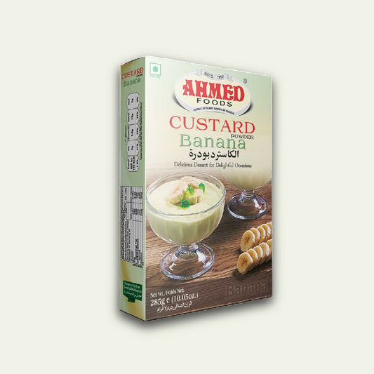 Box of Ahmed Foods Custard Banana powder on a white background