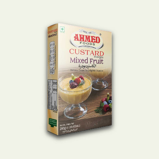 Box of Ahmed Foods Custard Mixed Fruit on a white background