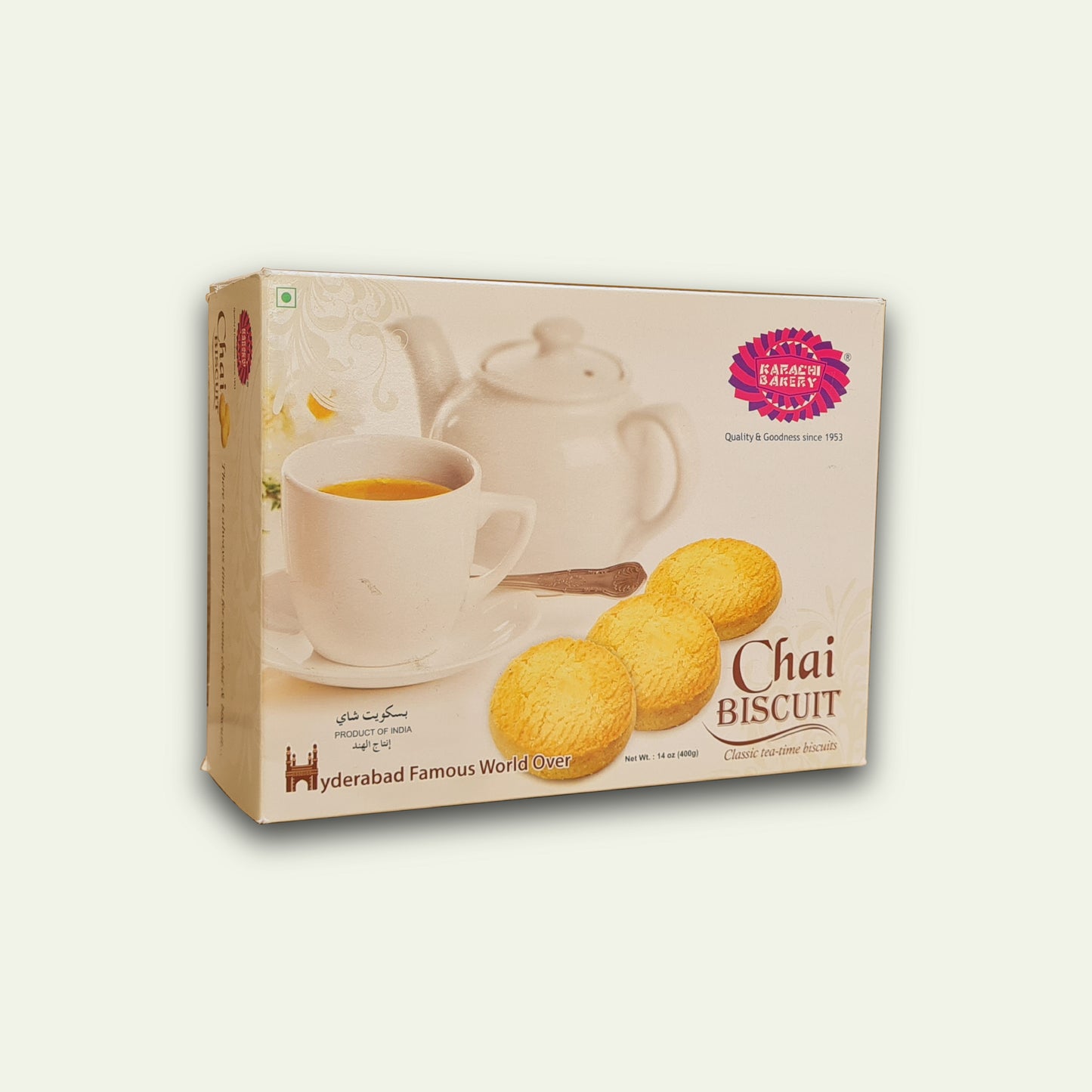 Packaging for Karachi Bakery Biscuits 400g showing the product name, an image of a cup of tea and biscuits, and some decorative elements.
