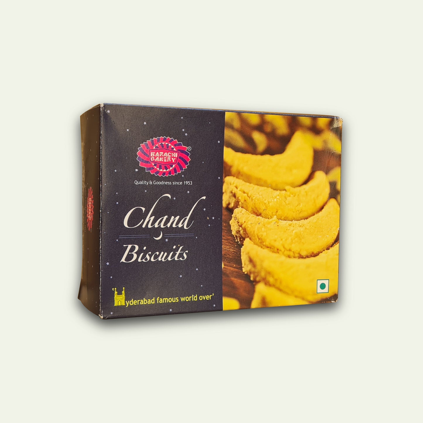 A box of Karachi Bakery Chand Biscuits, 400g pack, with the brand name and product image visible.