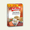Packaging for National Chat Masala, showing the product name and images of spiced foods, with text highlighting '100% Extra - Free' and 'Chat Masala'.