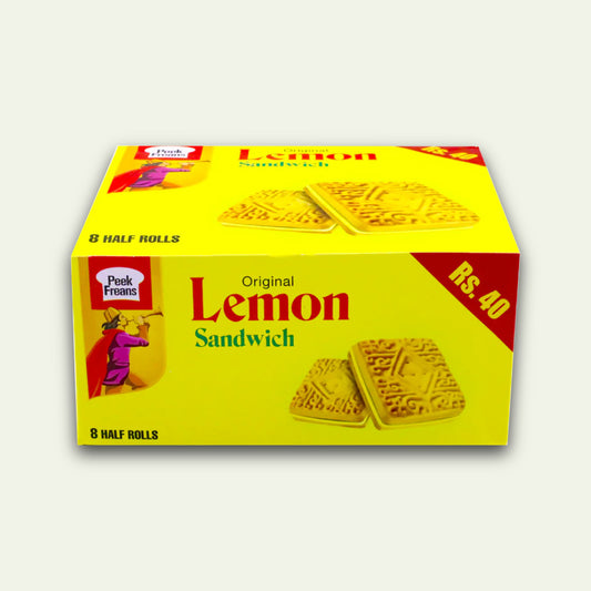 Packaging of Peek Freans Original Lemon Sandwich with 8 half rolls depicted on the box.