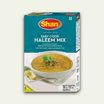 Packaging of Shan Easy Cook Haleem Mix, showing the product name and an image of a bowl of Haleem, along with wheat and lentils, which are ingredients mentioned on the package.
