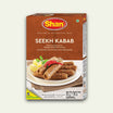 Packaging of Shan Seekh Kabab Masala featuring the product name and an image of seekh kababs on a plate.