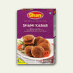 Packaging of Shan Shami Kabab Masala, showing the product name, brand logo, and an image of seasoned kababs on a plate.